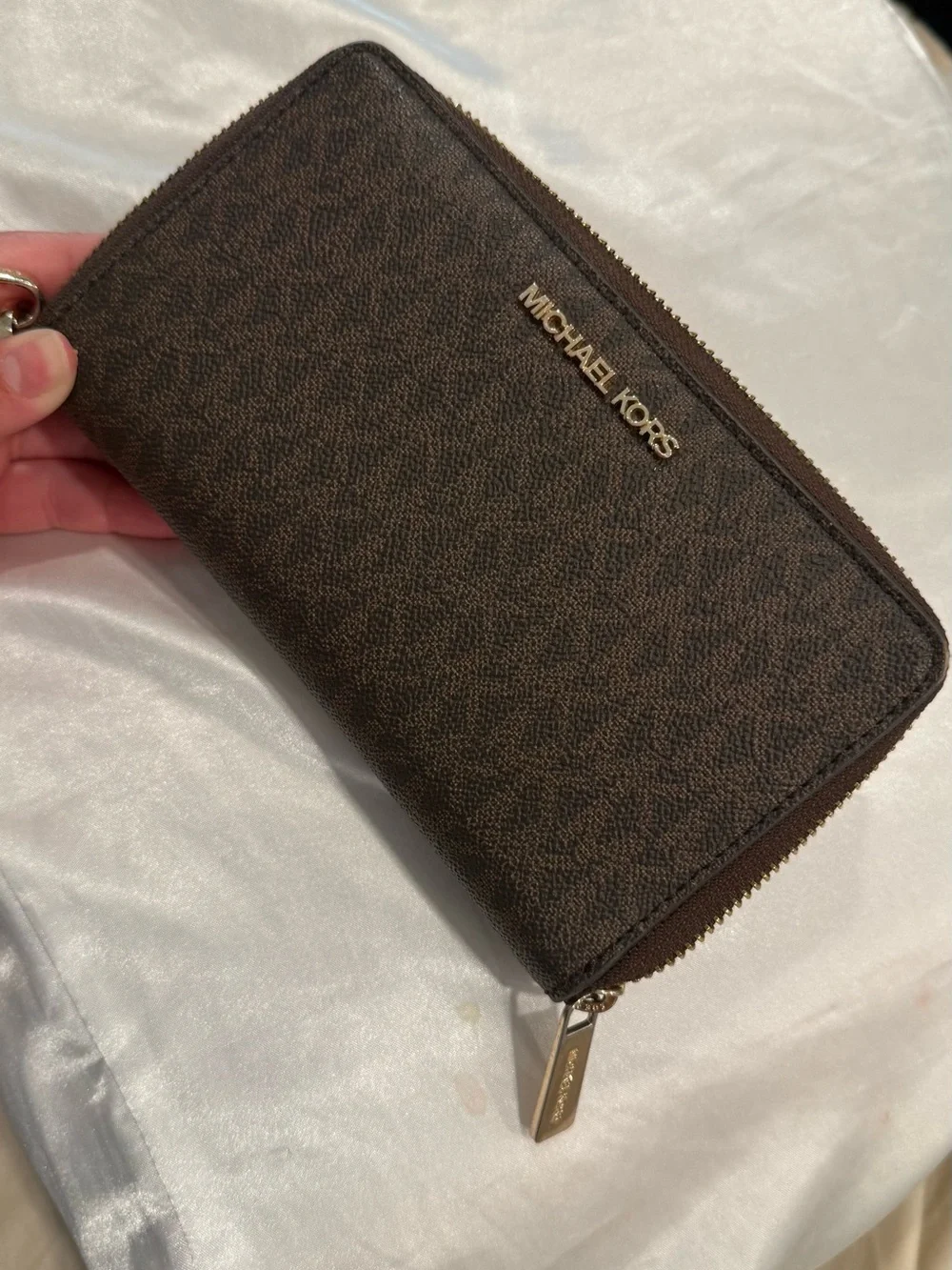 Michael Kors Dark Brown Signature Zip Wallet with Gold Hardware